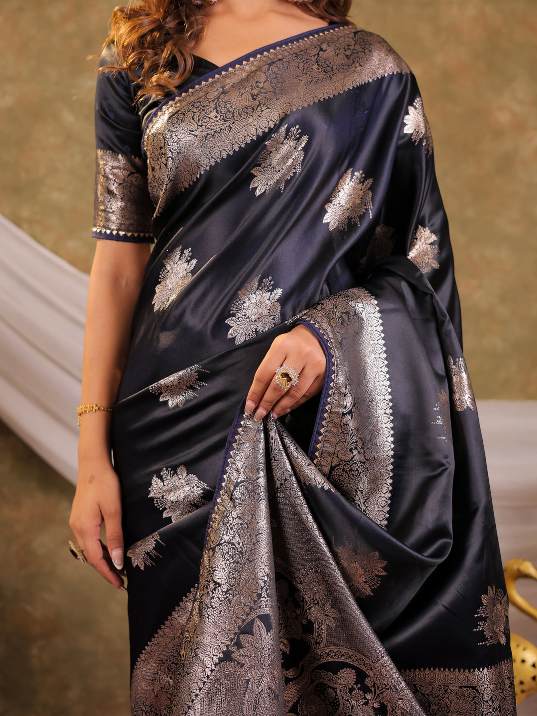 Dark Navy Blue Kanjivaram Banarasi Satin Silk Saree with Silver Zari Weaving, Rich Heritage Pallu & Tassel Detailing