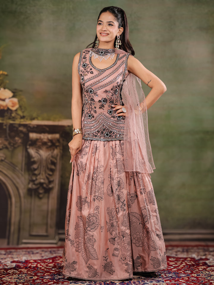 Dusty Rose & Black Floral Printed Lehenga Set with Embroidered Peplum Kurti & Matching Dupatta