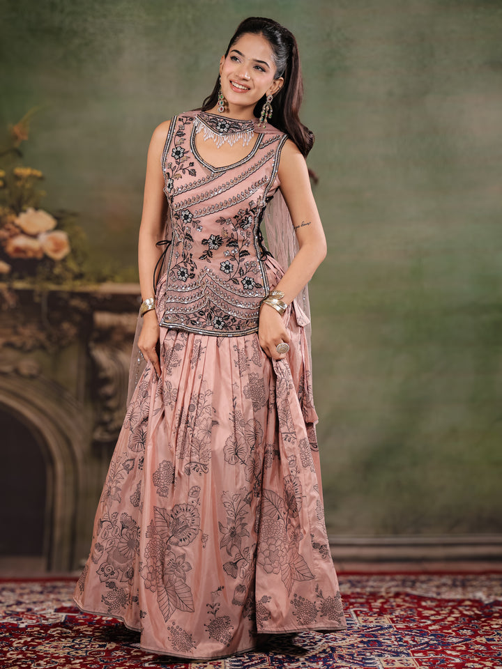 Dusty Rose & Black Floral Printed Lehenga Set with Embroidered Peplum Kurti & Matching Dupatta