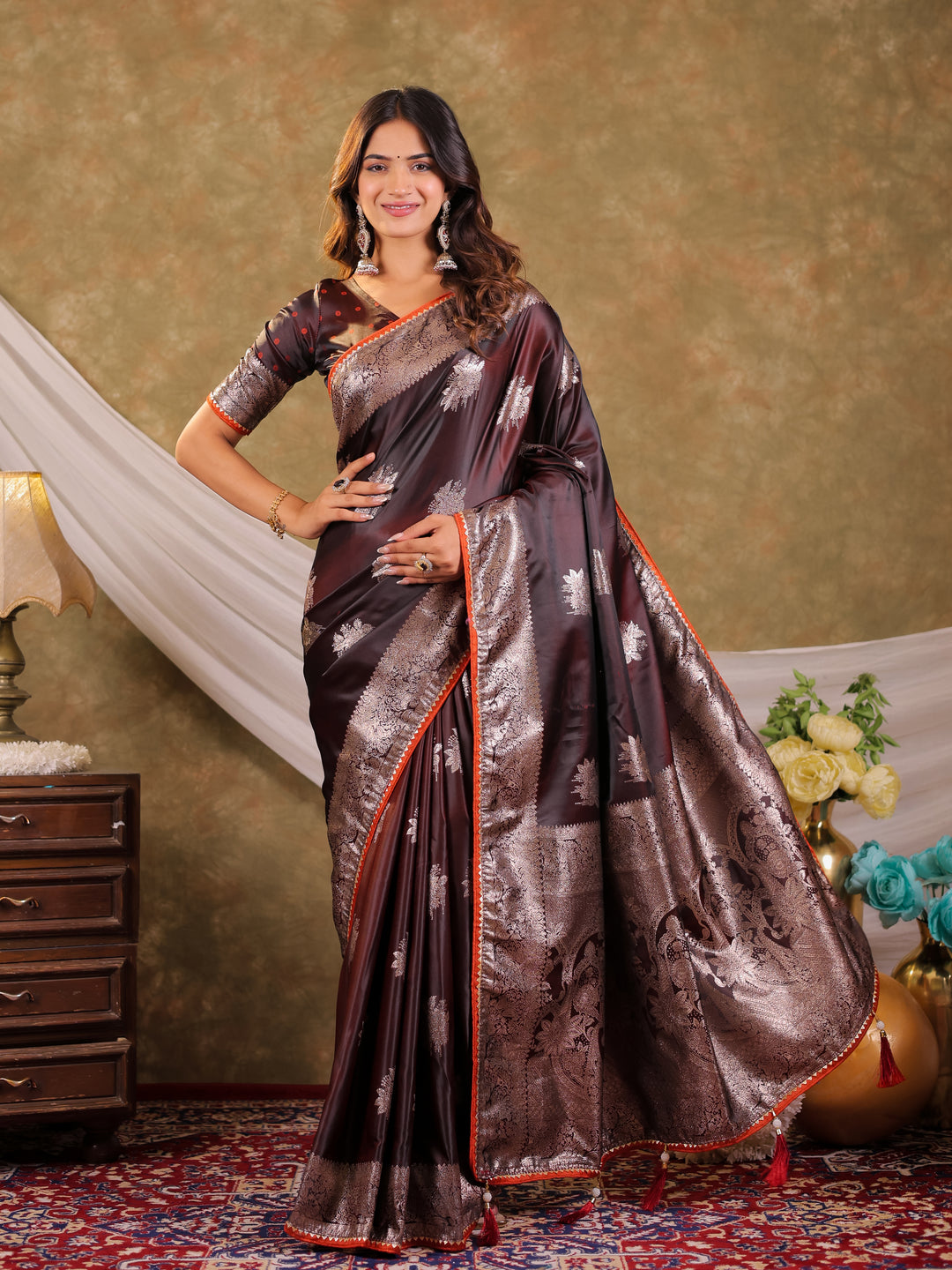 Coffee Brown Kanjivaram Banarasi Satin Silk Saree with Silver Zari Weaving, Heritage Floral Pallu & Tassel Detailing
