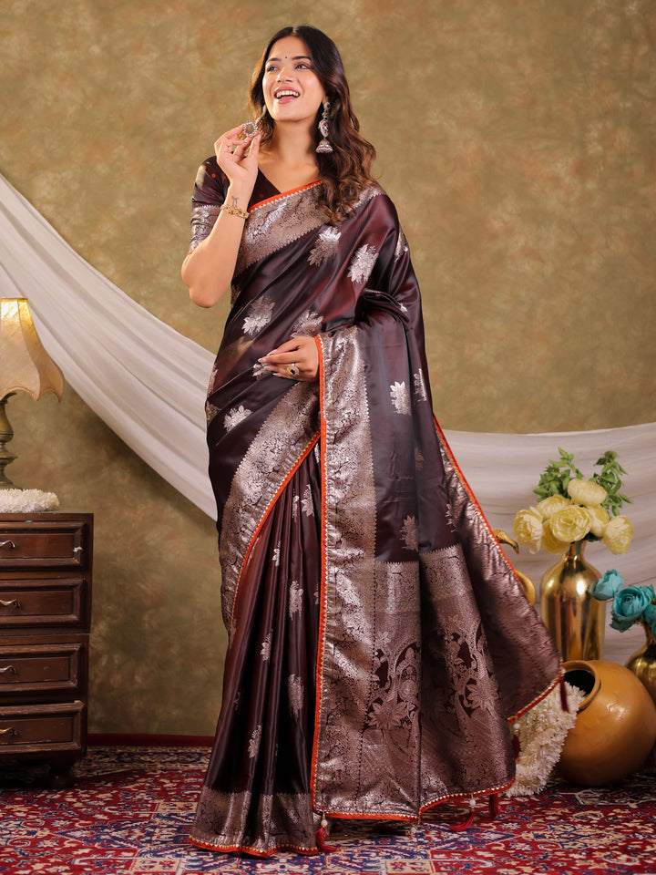 Coffee Brown Kanjivaram Banarasi Satin Silk Saree with Silver Zari Weaving, Heritage Floral Pallu & Tassel Detailing
