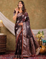 Coffee Brown Kanjivaram Banarasi Satin Silk Saree with Silver Zari Weaving, Heritage Floral Pallu & Tassel Detailing
