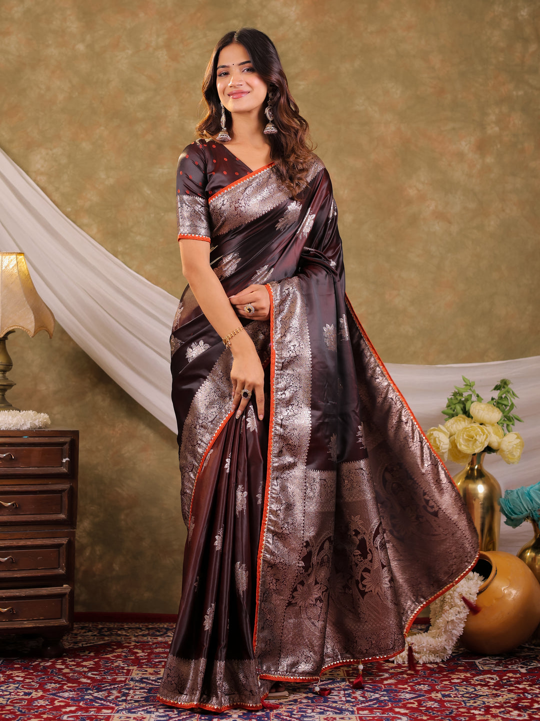 Coffee Brown Kanjivaram Banarasi Satin Silk Saree with Silver Zari Weaving, Heritage Floral Pallu & Tassel Detailing