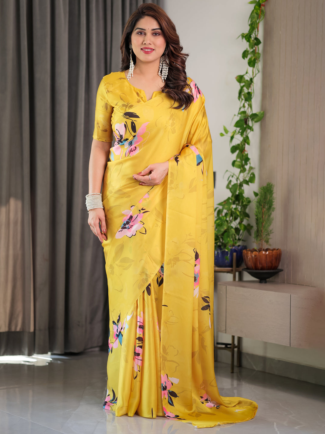 Sunshine Yellow Floral Satin Georgette Saree with Multicolor Watercolour Flowers & Designer Back-Knot Blouse
