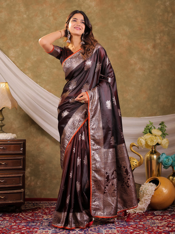 Coffee Brown Kanjivaram Banarasi Satin Silk Saree with Silver Zari Weaving, Heritage Floral Pallu & Tassel Detailing