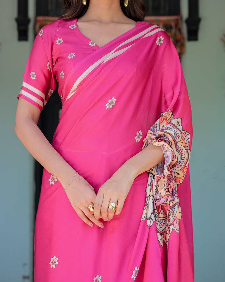 Vibrant Rani Pink Freehand Floral Printed Saree in Satin Georgette with Ivory Border & Designer Blouse | 5.5m Saree + 0.8m Blouse Piece
