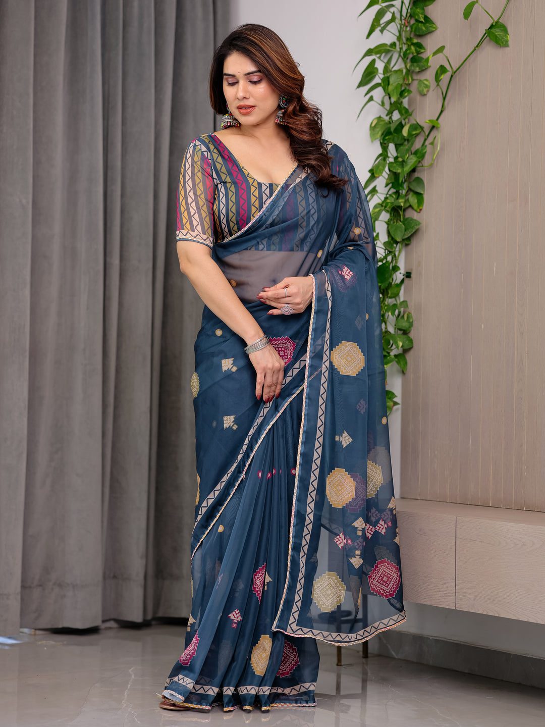 Navy Blue Printed Organza Saree with Geometric Motifs & Multicolour Lace Border | Designer Lightweight Organza Saree with Attached Blouse Piece | Elegant Festive & Party Wear Saree
