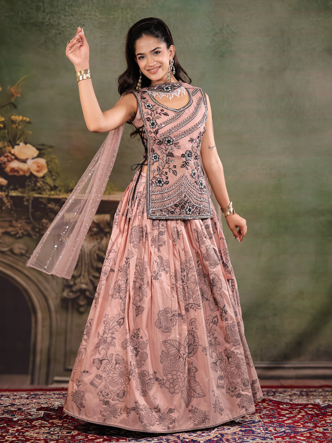 Dusty Rose & Black Floral Printed Lehenga Set with Embroidered Peplum Kurti & Matching Dupatta