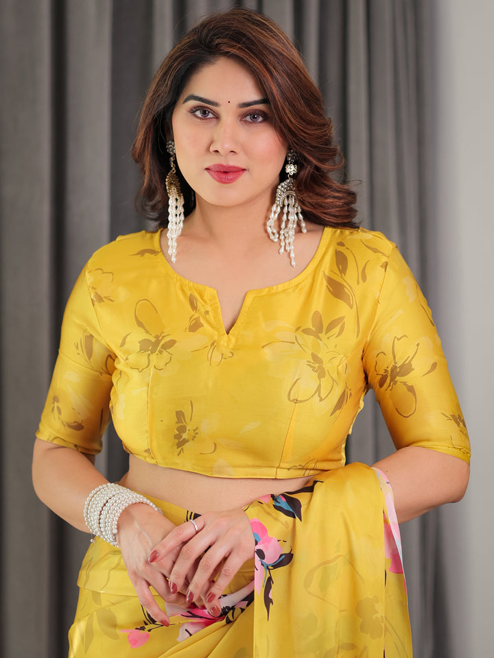 Sunshine Yellow Floral Satin Georgette Saree with Multicolor Watercolour Flowers & Designer Back-Knot Blouse