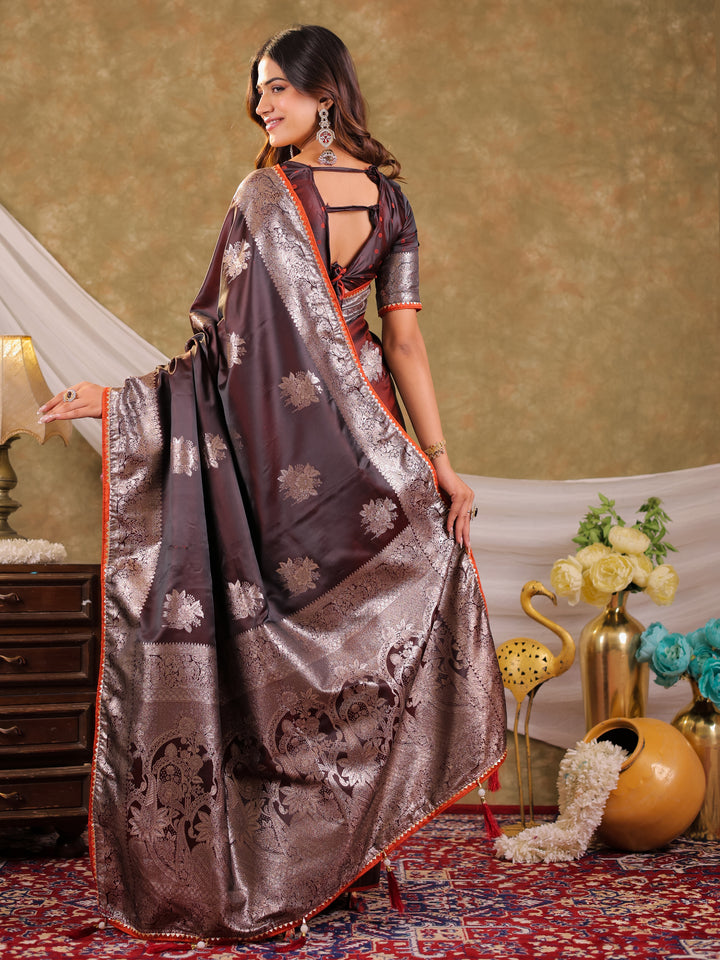 Coffee Brown Kanjivaram Banarasi Satin Silk Saree with Silver Zari Weaving, Heritage Floral Pallu & Tassel Detailing