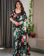 Black Floral Satin Georgette Saree with Multicolor Rose Print & Designer Tie-Back Blouse – Premium Soft Draping Saree