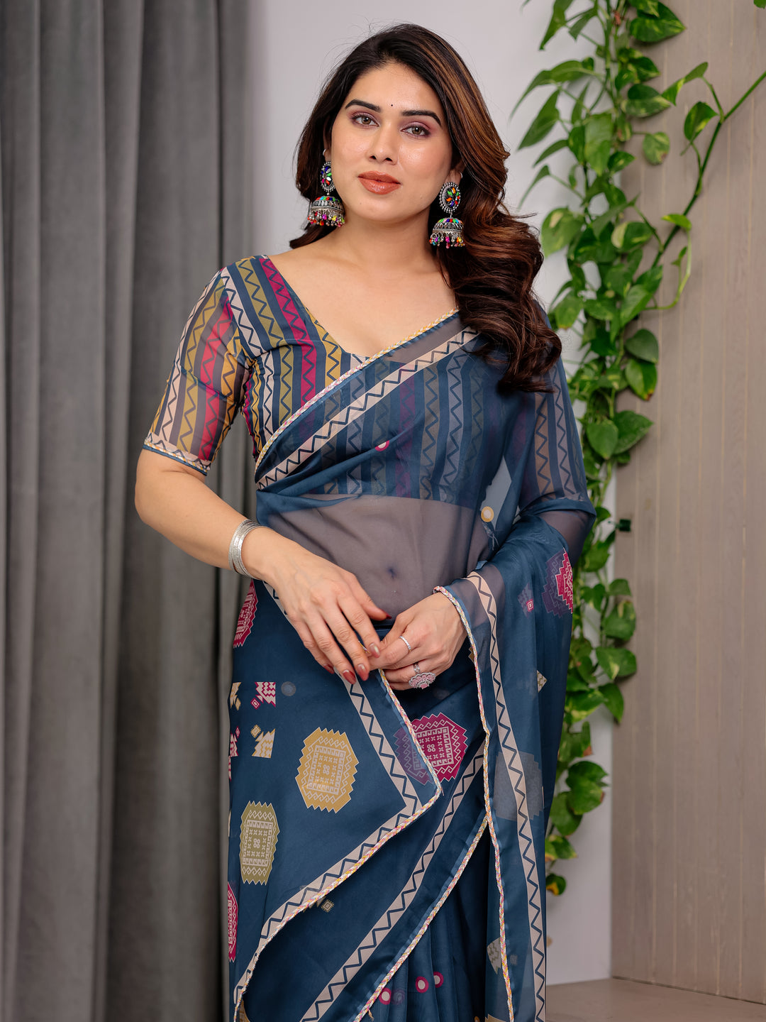 Navy Blue Printed Organza Saree with Geometric Motifs & Multicolour Lace Border | Designer Lightweight Organza Saree with Attached Blouse Piece | Elegant Festive & Party Wear Saree