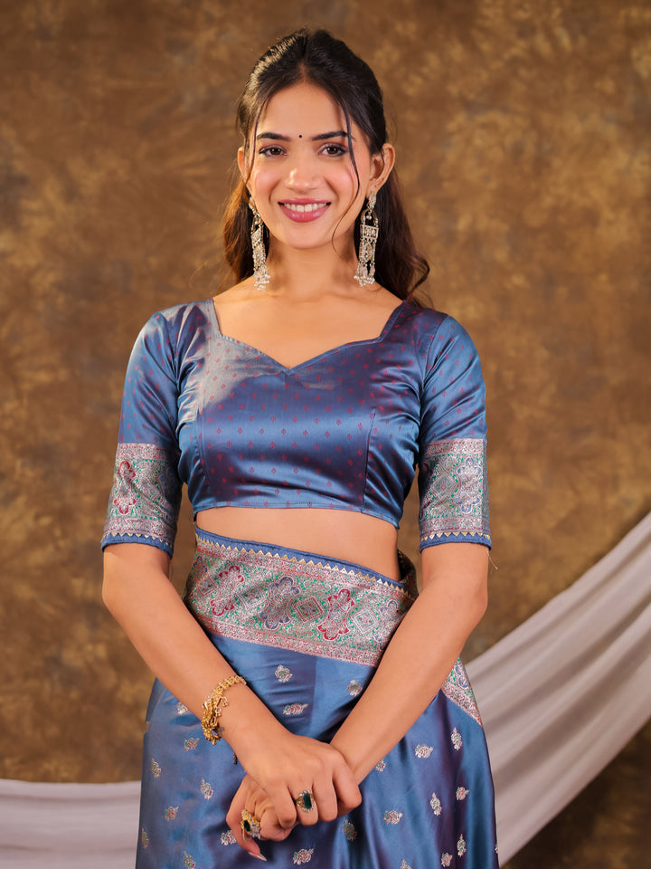 Steel Blue Kanjivaram Banarasi Satin Silk Saree with Antique Silver Zari Weaving, Heritage Pallu & Tassel Detailing