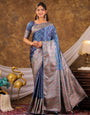 Steel Blue Kanjivaram Banarasi Satin Silk Saree with Antique Silver Zari Weaving, Heritage Pallu & Tassel Detailing