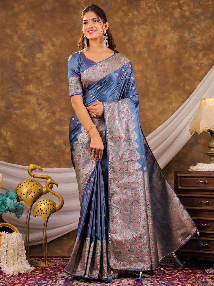Steel Blue Kanjivaram Banarasi Satin Silk Saree with Antique Silver Zari Weaving, Heritage Pallu & Tassel Detailing