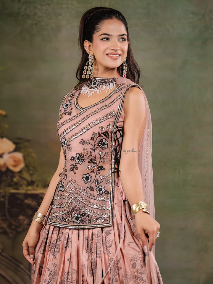 Dusty Rose & Black Floral Printed Lehenga Set with Embroidered Peplum Kurti & Matching Dupatta