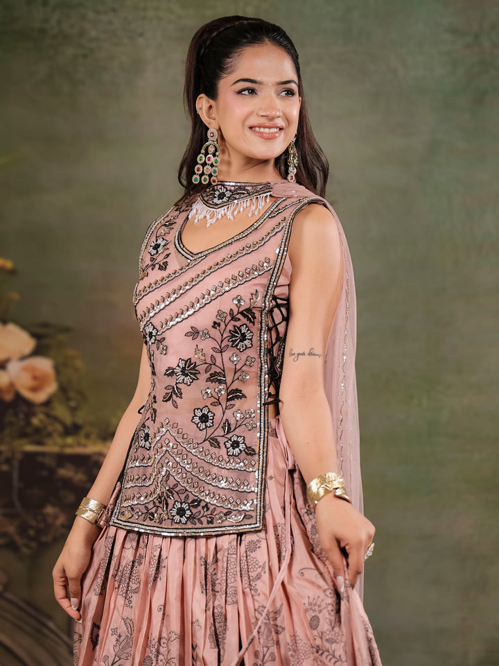 Dusty Rose & Black Floral Printed Lehenga Set with Embroidered Peplum Kurti & Matching Dupatta