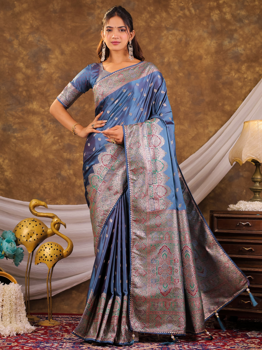 Steel Blue Kanjivaram Banarasi Satin Silk Saree with Antique Silver Zari Weaving, Heritage Pallu & Tassel Detailing