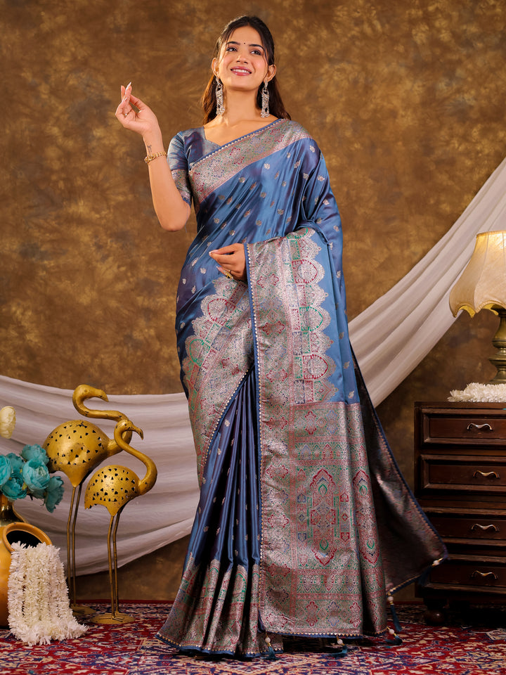 Steel Blue Kanjivaram Banarasi Satin Silk Saree with Antique Silver Zari Weaving, Heritage Pallu & Tassel Detailing