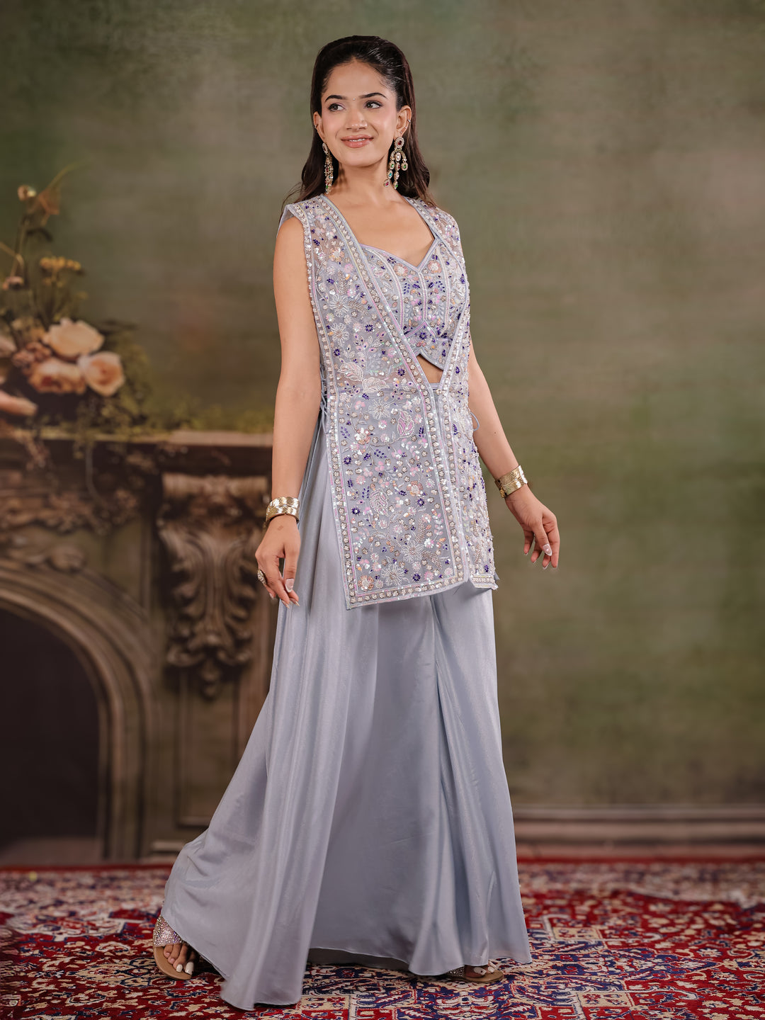 Powder Blue Embroidered Three-Piece Co-Ord Set with Designer Overlay & Wide-Leg Palazzo