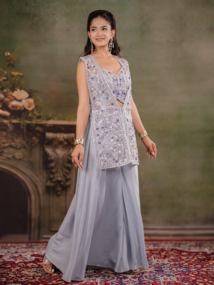Powder Blue Embroidered Three-Piece Co-Ord Set with Designer Overlay & Wide-Leg Palazzo