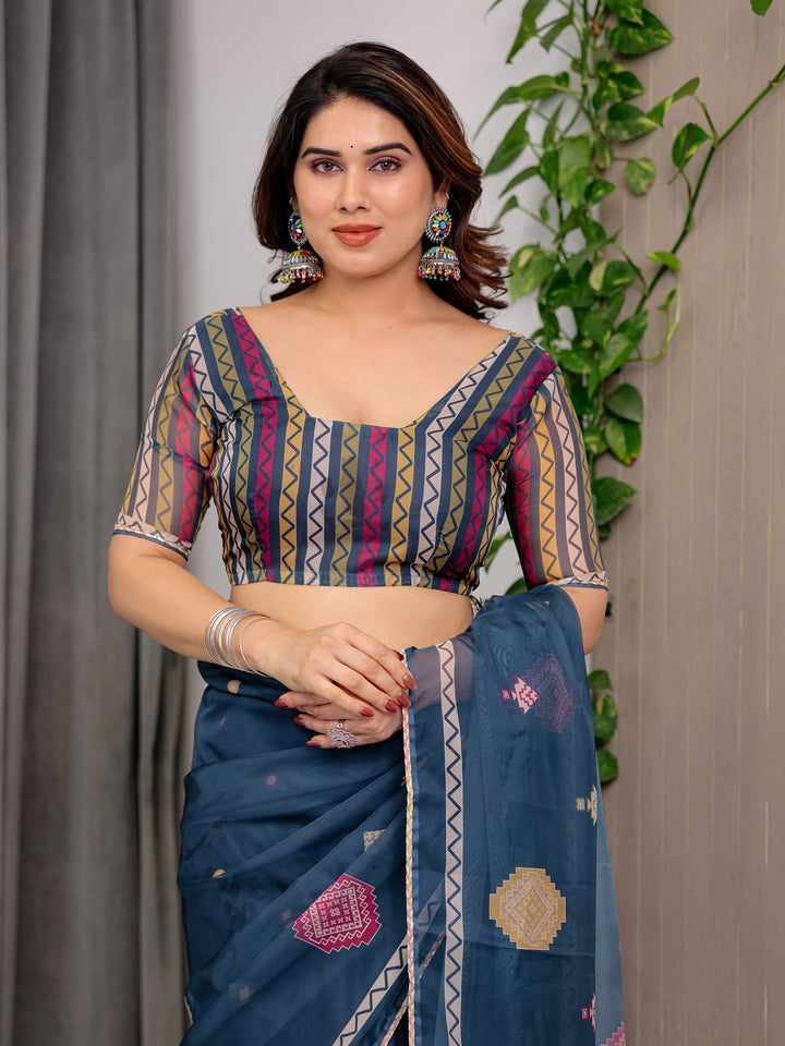 Navy Blue Printed Organza Saree with Geometric Motifs & Multicolour Lace Border | Designer Lightweight Organza Saree with Attached Blouse Piece | Elegant Festive & Party Wear Saree
