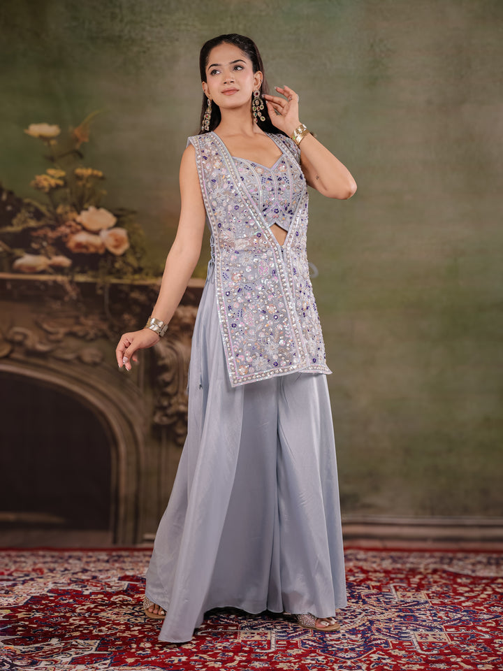 Powder Blue Embroidered Three-Piece Co-Ord Set with Designer Overlay & Wide-Leg Palazzo