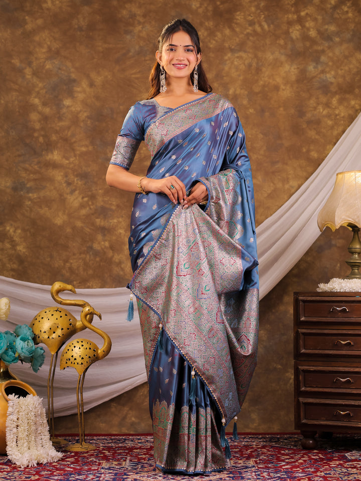 Steel Blue Kanjivaram Banarasi Satin Silk Saree with Antique Silver Zari Weaving, Heritage Pallu & Tassel Detailing
