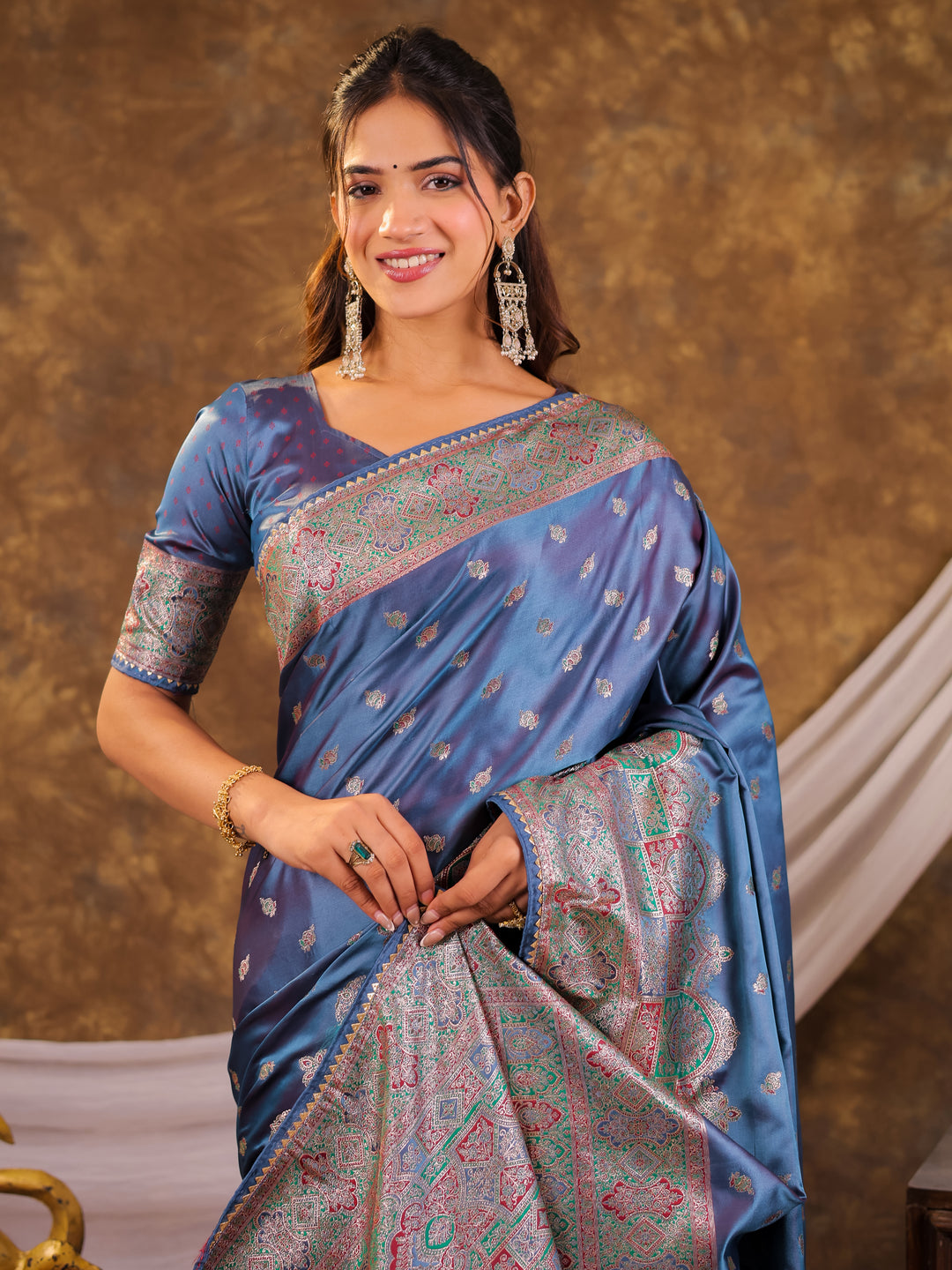 Steel Blue Kanjivaram Banarasi Satin Silk Saree with Antique Silver Zari Weaving, Heritage Pallu & Tassel Detailing