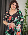 Black Floral Satin Georgette Saree with Multicolor Rose Print & Designer Tie-Back Blouse – Premium Soft Draping Saree