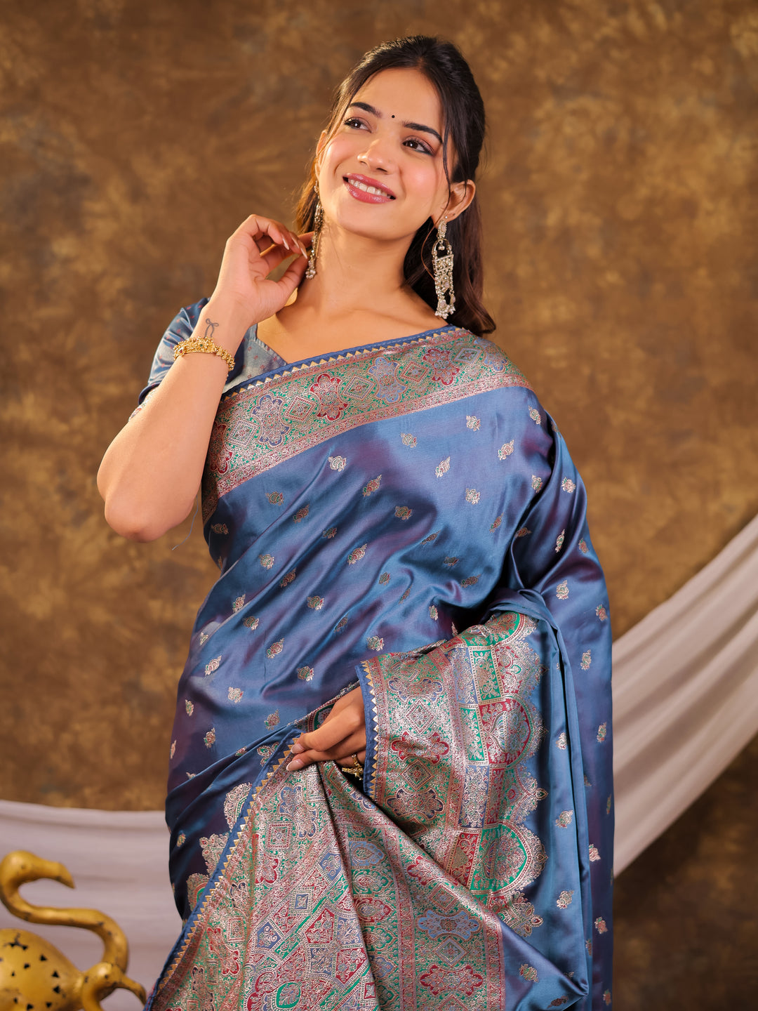 Steel Blue Kanjivaram Banarasi Satin Silk Saree with Antique Silver Zari Weaving, Heritage Pallu & Tassel Detailing