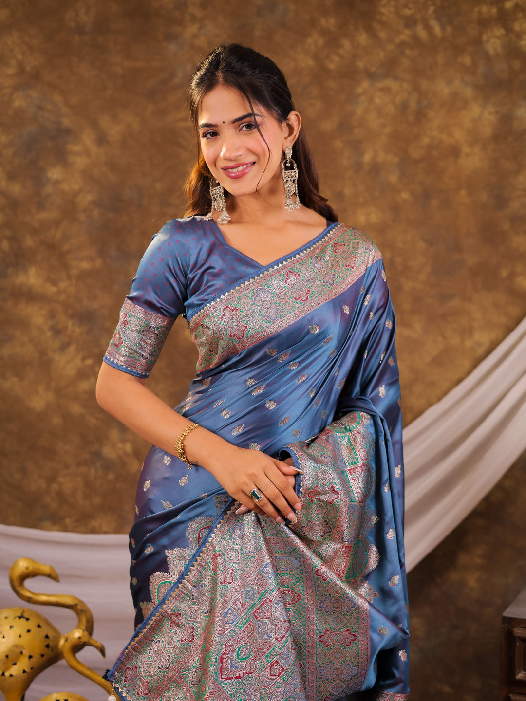 Steel Blue Kanjivaram Banarasi Satin Silk Saree with Antique Silver Zari Weaving, Heritage Pallu & Tassel Detailing