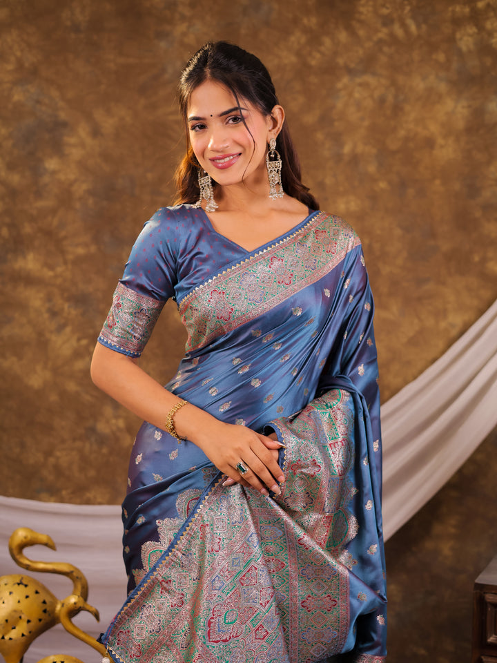 Steel Blue Kanjivaram Banarasi Satin Silk Saree with Antique Silver Zari Weaving, Heritage Pallu & Tassel Detailing