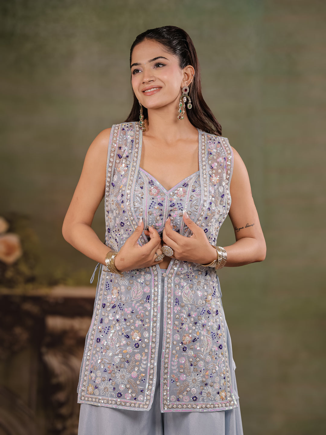Powder Blue Embroidered Three-Piece Co-Ord Set with Designer Overlay & Wide-Leg Palazzo