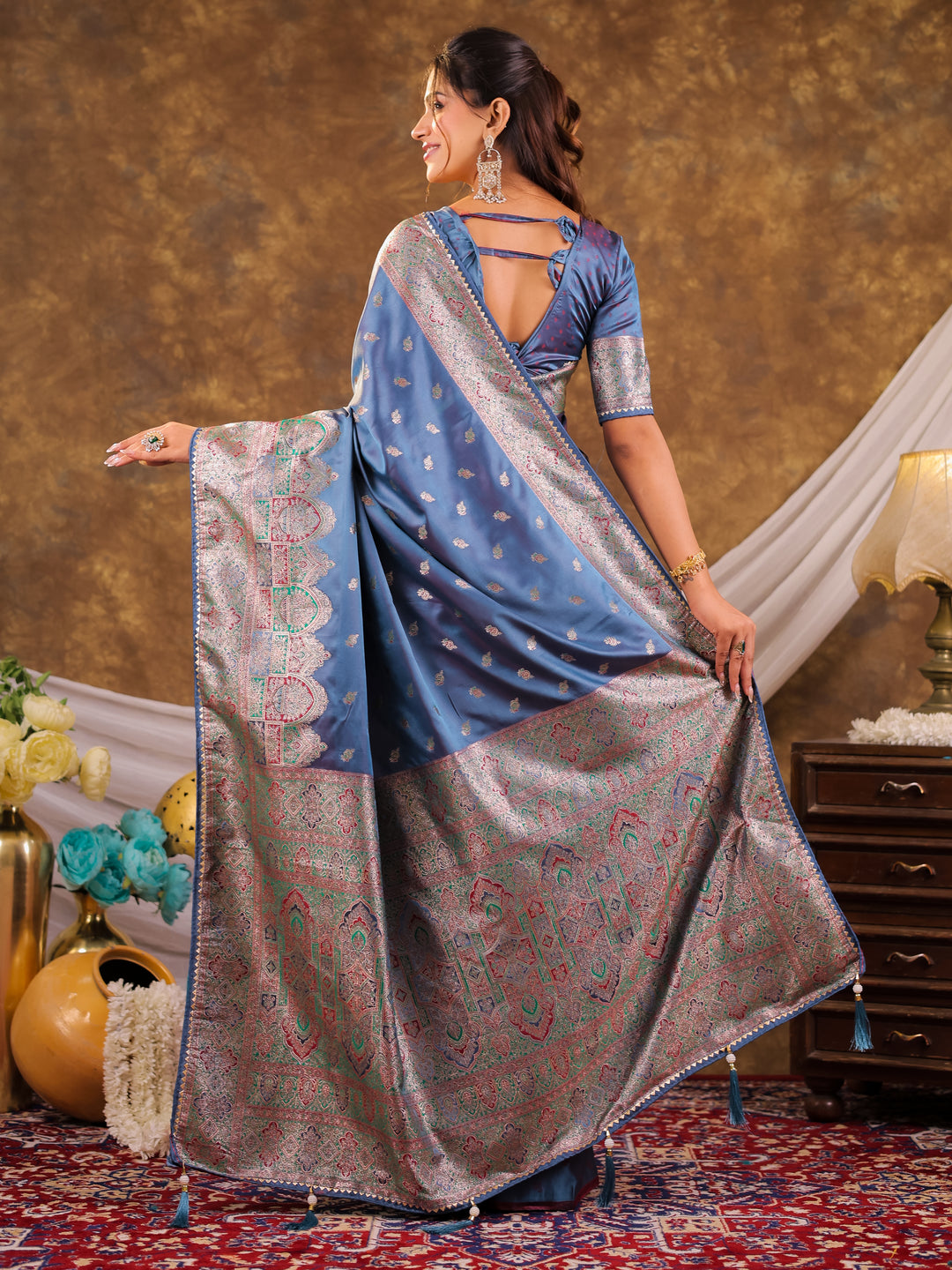 Steel Blue Kanjivaram Banarasi Satin Silk Saree with Antique Silver Zari Weaving, Heritage Pallu & Tassel Detailing