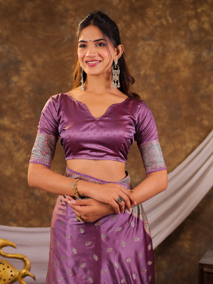 Lavender Purple Kanjivaram Banarasi Satin Silk Saree with Antique Silver Zari Weaving, Heritage Pallu & Tassel Detailing