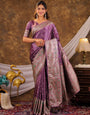 Lavender Purple Kanjivaram Banarasi Satin Silk Saree with Antique Silver Zari Weaving, Heritage Pallu & Tassel Detailing