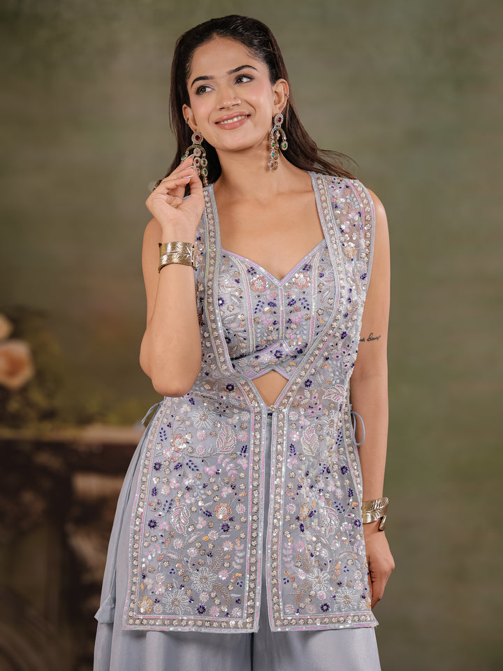 Powder Blue Embroidered Three-Piece Co-Ord Set with Designer Overlay & Wide-Leg Palazzo
