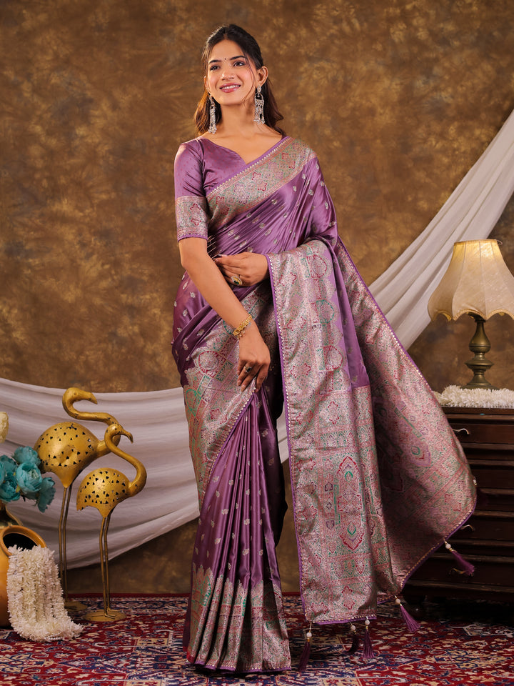 Lavender Purple Kanjivaram Banarasi Satin Silk Saree with Antique Silver Zari Weaving, Heritage Pallu & Tassel Detailing