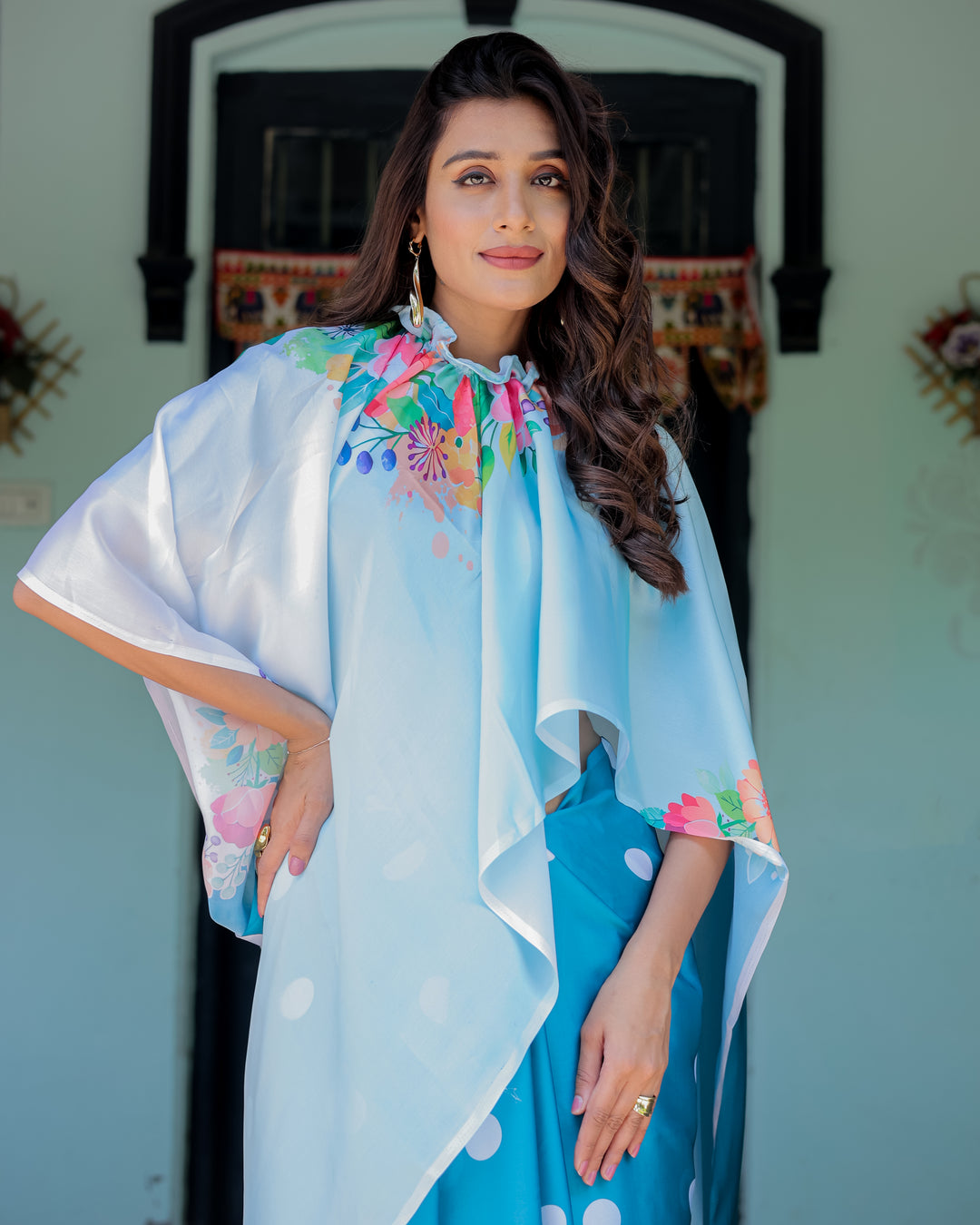 Sky Blue Satin Georgette Polka Dot Saree with Floral Pallu & Teal Blouse | Handsfree Draping Loop