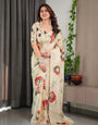 Cream Floral Satin Georgette Saree with Red & Green Artistic Flower Print and Designer Contrast Blouse