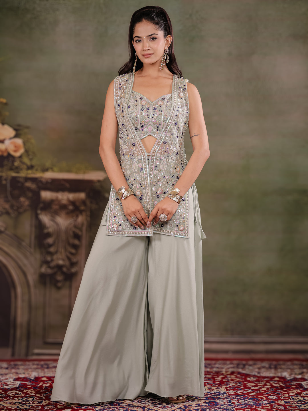 Sage Green Embroidered Three-Piece Co-Ord Set with Designer Overlay & Wide-Leg Palazzo