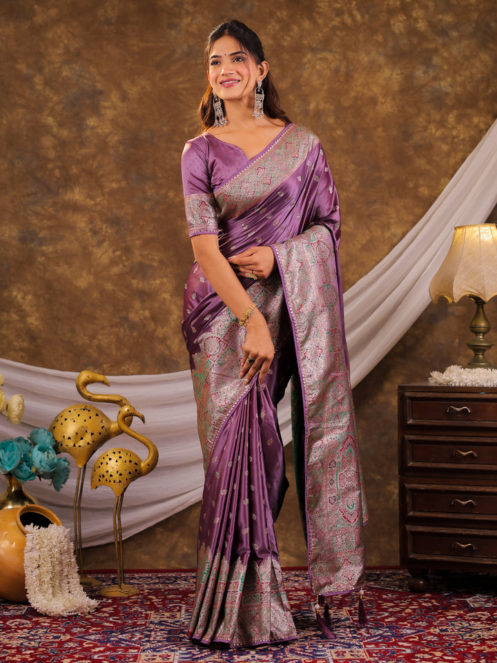 Lavender Purple Kanjivaram Banarasi Satin Silk Saree with Antique Silver Zari Weaving, Heritage Pallu & Tassel Detailing
