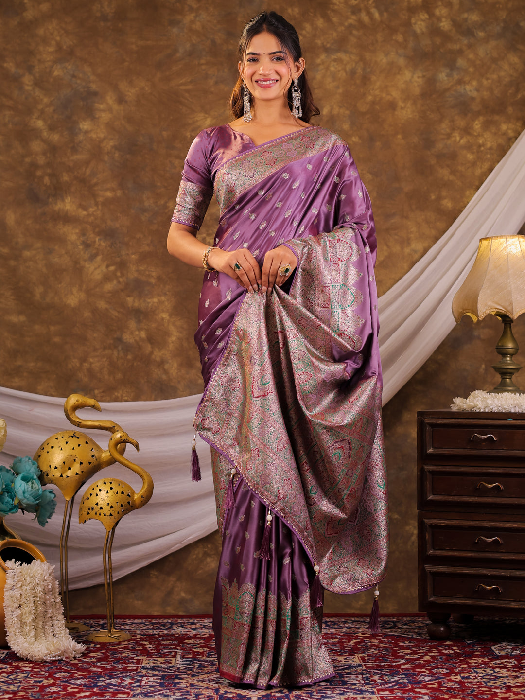 Lavender Purple Kanjivaram Banarasi Satin Silk Saree with Antique Silver Zari Weaving, Heritage Pallu & Tassel Detailing