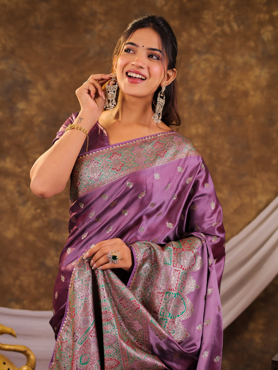 Lavender Purple Kanjivaram Banarasi Satin Silk Saree with Antique Silver Zari Weaving, Heritage Pallu & Tassel Detailing