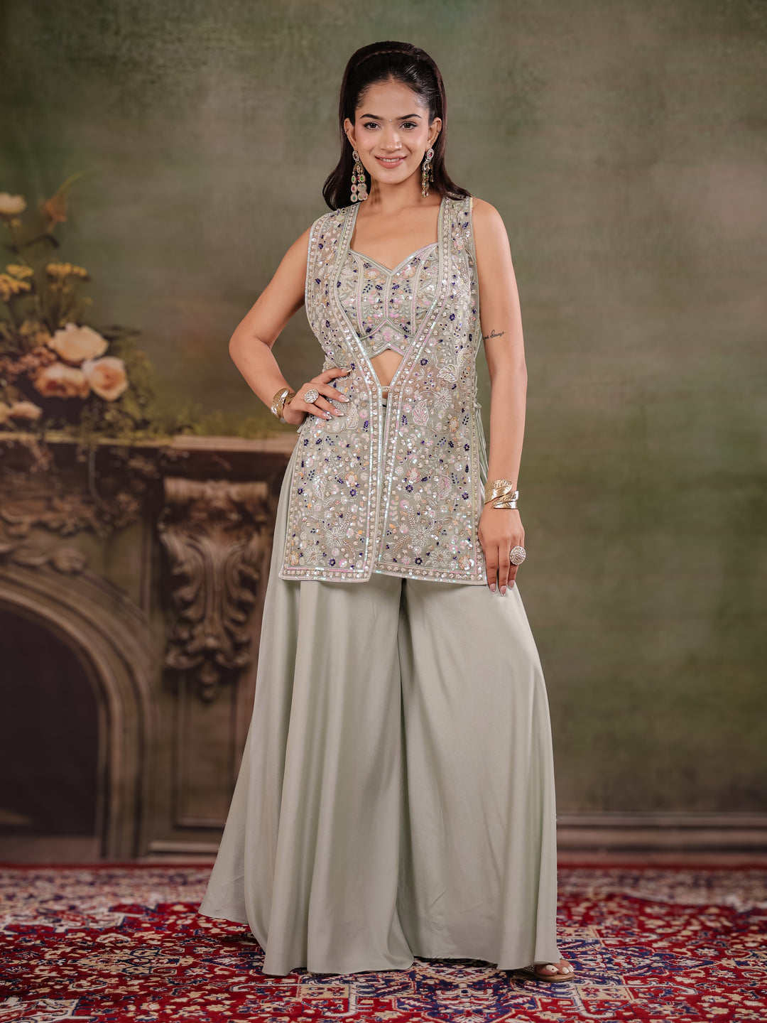 Sage Green Embroidered Three-Piece Co-Ord Set with Designer Overlay & Wide-Leg Palazzo