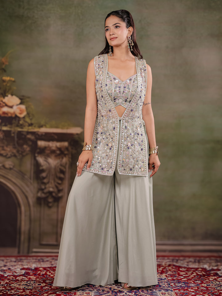 Sage Green Embroidered Three-Piece Co-Ord Set with Designer Overlay & Wide-Leg Palazzo