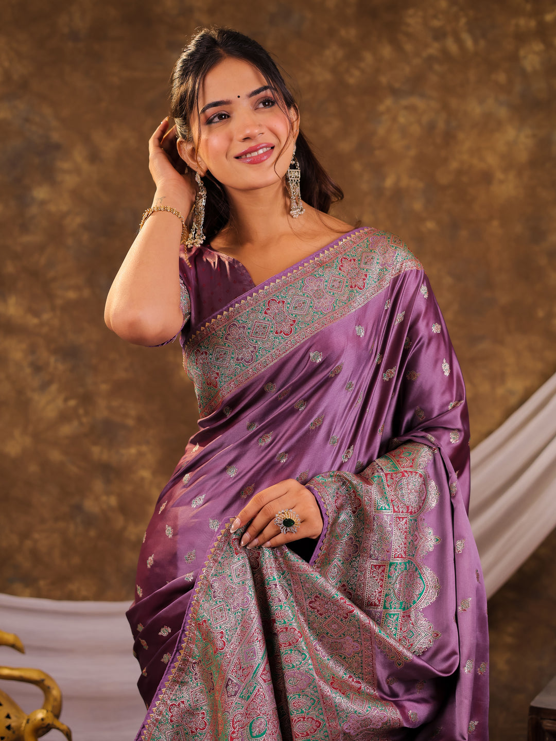 Lavender Purple Kanjivaram Banarasi Satin Silk Saree with Antique Silver Zari Weaving, Heritage Pallu & Tassel Detailing