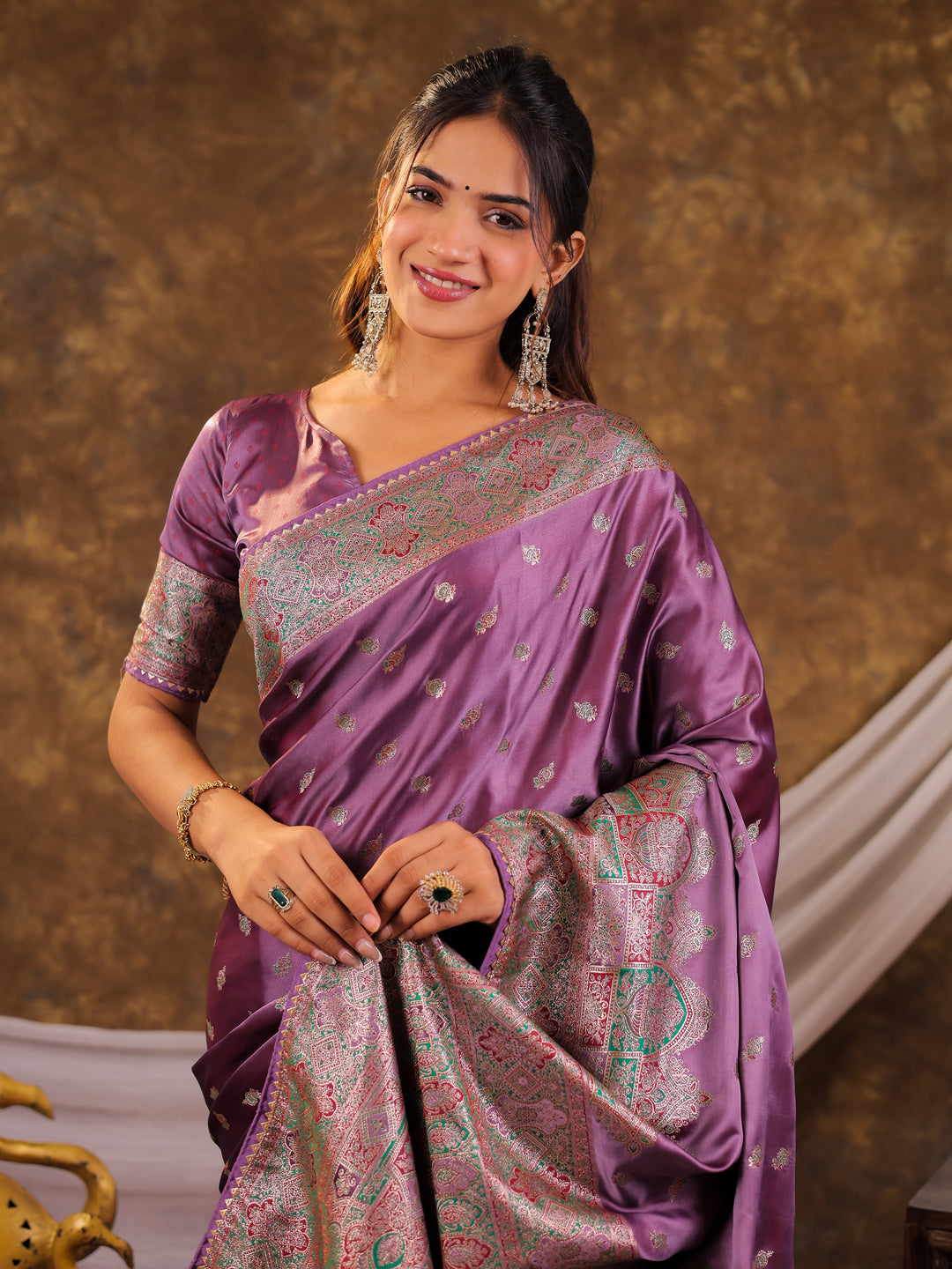 Lavender Purple Kanjivaram Banarasi Satin Silk Saree with Antique Silver Zari Weaving, Heritage Pallu & Tassel Detailing