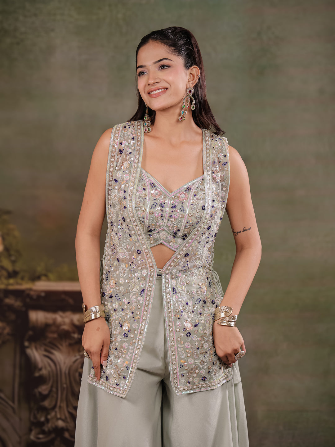 Sage Green Embroidered Three-Piece Co-Ord Set with Designer Overlay & Wide-Leg Palazzo